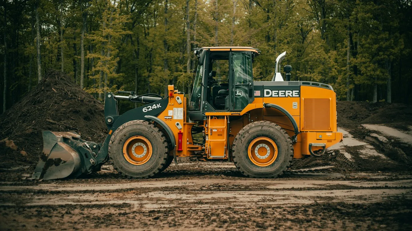 Wheel loader carrying material beside trees